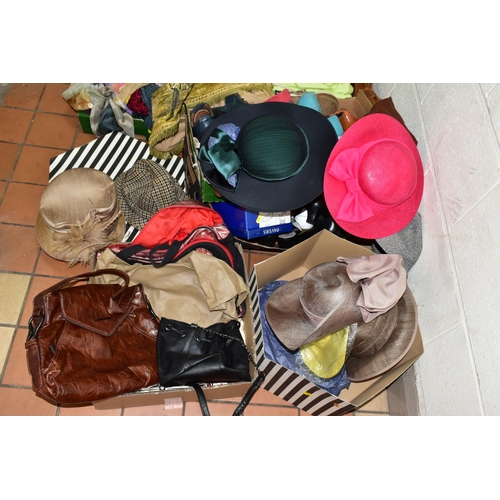 393 - FIVE BOXES AND LOOSE HATS, BAGS, SHOES AND OTHER ACCESSORIES, to include ladies' formal and casual h... 