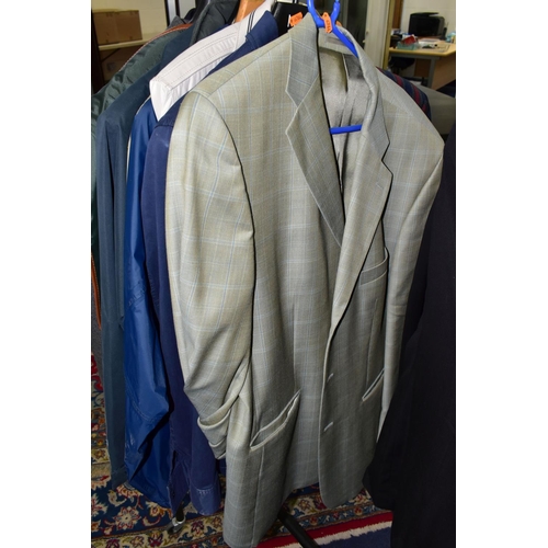 394 - A QUANTITY OF MEN'S CLOTHING, to include eleven jackets, blazers, overcoats, dinner suit (M&S), most... 