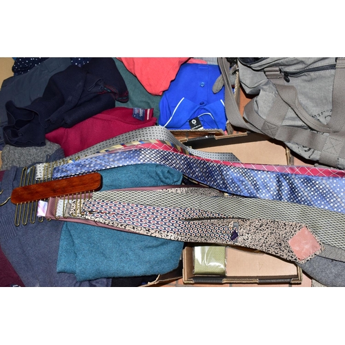 395 - FIVE BOXES OF MENS CLOTHING, SHOES AND TEXTILES, to include shorts, polo tops, sweaters (Jaeger, Wol... 