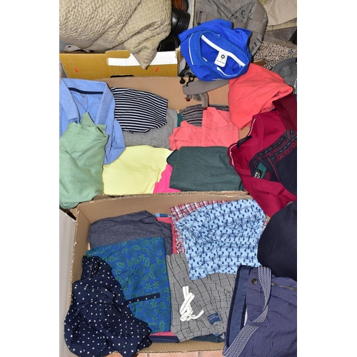 395 - FIVE BOXES OF MENS CLOTHING, SHOES AND TEXTILES, to include shorts, polo tops, sweaters (Jaeger, Wol... 