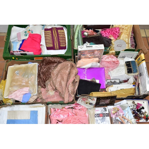 396 - FOUR BOXES OF VINTAGE CLOTHING, ACCESSORIES, HOUSEHOLD LINENS AND SUNDRY ITEMS, to include vintage e... 