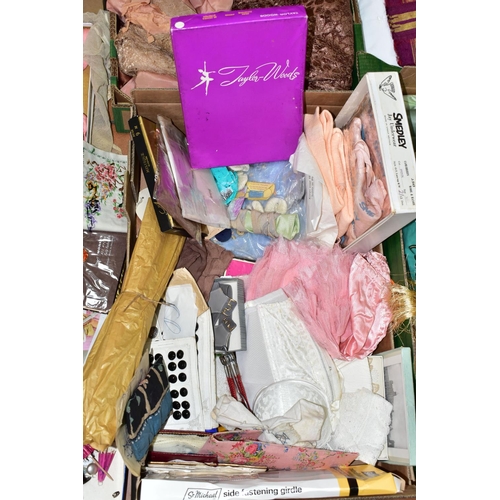 396 - FOUR BOXES OF VINTAGE CLOTHING, ACCESSORIES, HOUSEHOLD LINENS AND SUNDRY ITEMS, to include vintage e... 