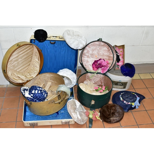 397 - THREE HATBOXES AND A SUITCASE, to include a Revelation 'Rev Robe' suitcase, cream exterior, blue sat... 