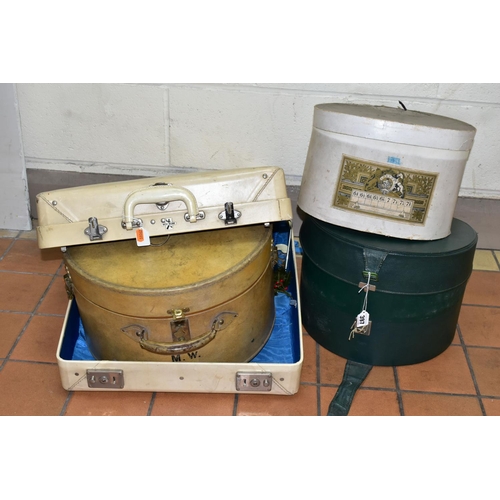 397 - THREE HATBOXES AND A SUITCASE, to include a Revelation 'Rev Robe' suitcase, cream exterior, blue sat... 