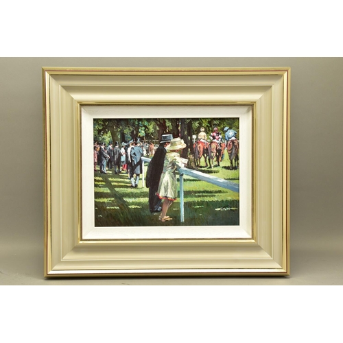 401 - SHERREE VALENTINE DAINES (BRITISH 1959) '0N PARADE', a signed limited edition print of racegoers and... 