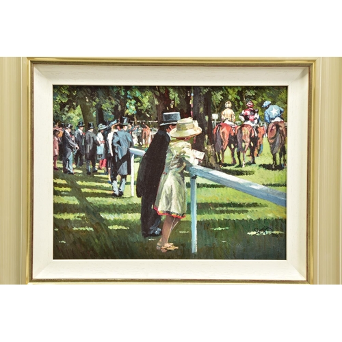 401 - SHERREE VALENTINE DAINES (BRITISH 1959) '0N PARADE', a signed limited edition print of racegoers and... 