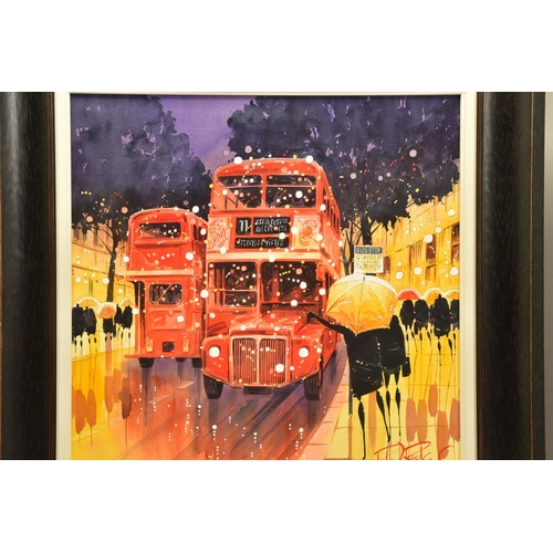 403 - PETER J RODGERS (BRITISH CONTEMPORARY) 'BUS STOP - LONDON', iconic red London busses in the rain, si... 