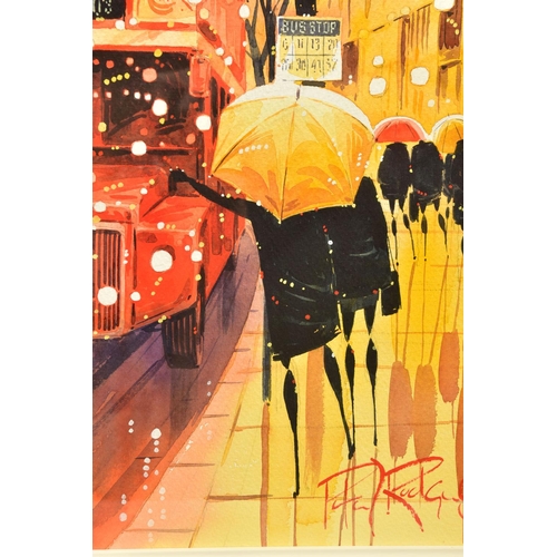 403 - PETER J RODGERS (BRITISH CONTEMPORARY) 'BUS STOP - LONDON', iconic red London busses in the rain, si... 