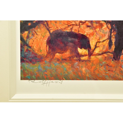 406 - ROLF HARRIS (AUSTRALIAN 1930) 'BACKLIT GOLD' a limited edition print 57/195 depicting elephants, sig... 