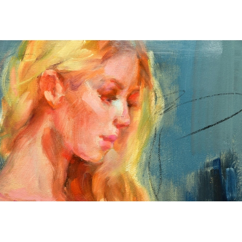 415 - ANNA RAZUMOVSKAYA (RUSSIAN CONTEMPORARY) 'FOR A WHILE I', a three quarter length portrait of a femal... 