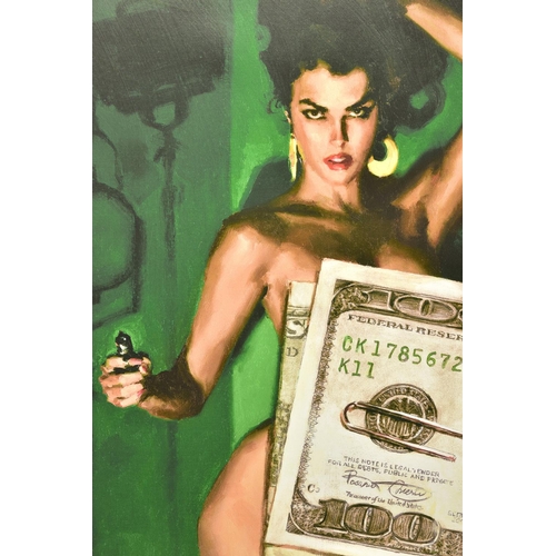 417 - GLEN ORBIK (AMERICAN 1963 -2015) 'MONEY SHOT', a pulp noir study of a female figure holding a pistol... 