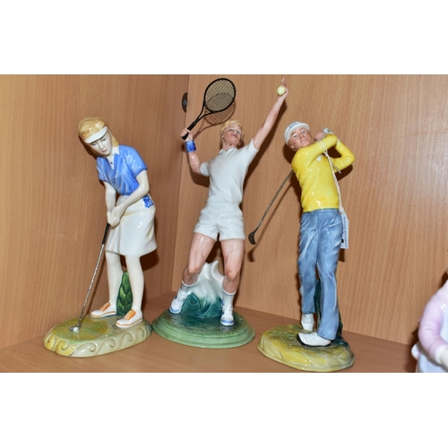 434 - THREE SPORTS THEMED ROYAL DOULTON FIGURINES, comprising Teeing Off HN3276 issued 1990 - 1997, Winnin... 