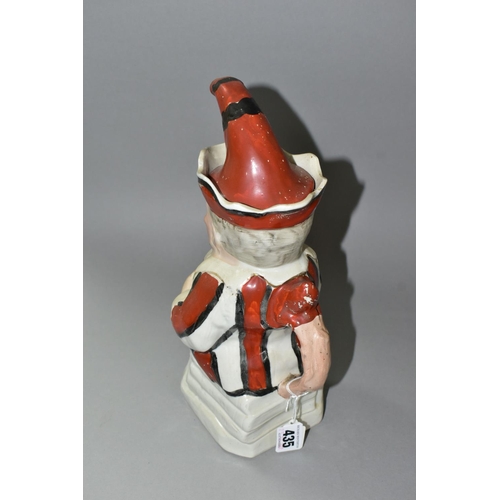 435 - A STAFFORDSHIRE TOBY JUG IN THE FORM OF MR PUNCH, with red, black and white striped outfit, the hat ... 