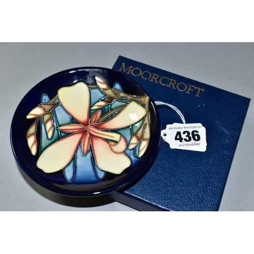 436 - A BOXED MOORCROFT POTTERY 2004 COLLECTORS CLUB PIN DISH, in 'Panache' pattern, having impressed back... 