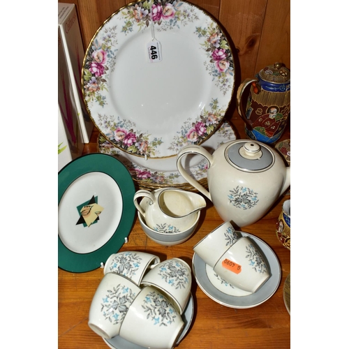 446 - A GROUP OF CERAMIC TEA AND DINNERWARES, to include six Royal Albert Autumn Roses dinner plates (seco... 