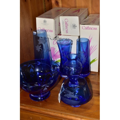 447 - A GROUP OF BOXED BLUE CAITHNESS CRYSTAL VASES AND BOWLS, six pieces, five of which are boxed, compri... 