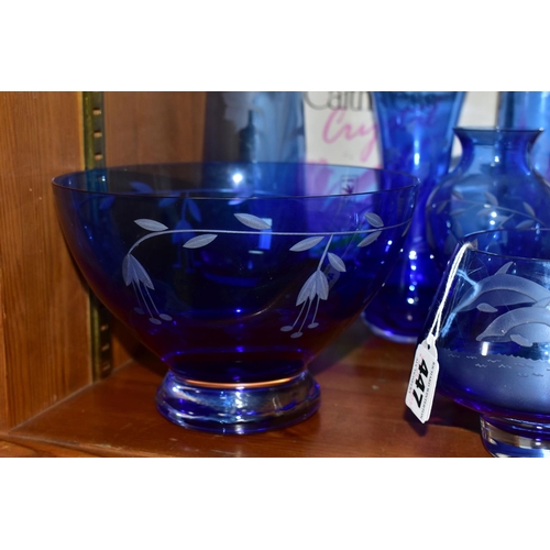 447 - A GROUP OF BOXED BLUE CAITHNESS CRYSTAL VASES AND BOWLS, six pieces, five of which are boxed, compri... 