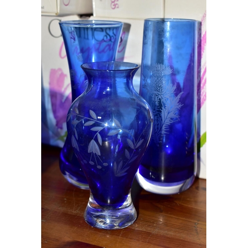 447 - A GROUP OF BOXED BLUE CAITHNESS CRYSTAL VASES AND BOWLS, six pieces, five of which are boxed, compri... 