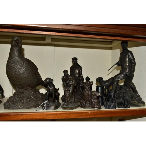 448 - A GROUP OF BRONZED RESIN FIGURES AND E.J. MINING COAL ITEMS, comprising six bronzed resin figures of... 