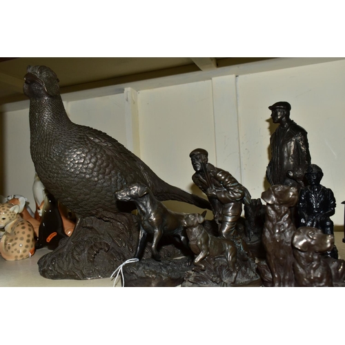 448 - A GROUP OF BRONZED RESIN FIGURES AND E.J. MINING COAL ITEMS, comprising six bronzed resin figures of... 