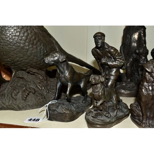 448 - A GROUP OF BRONZED RESIN FIGURES AND E.J. MINING COAL ITEMS, comprising six bronzed resin figures of... 