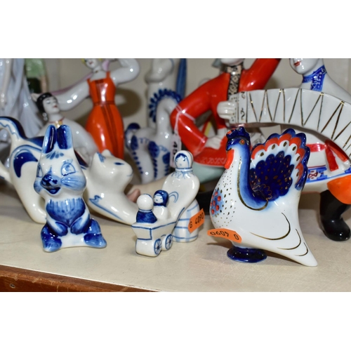 452 - A GROUP OF ZHK POLONNE, GZHEL PORCELAIN AND OTHER FIGURES, to include two ZHK Polonne figure groups ... 