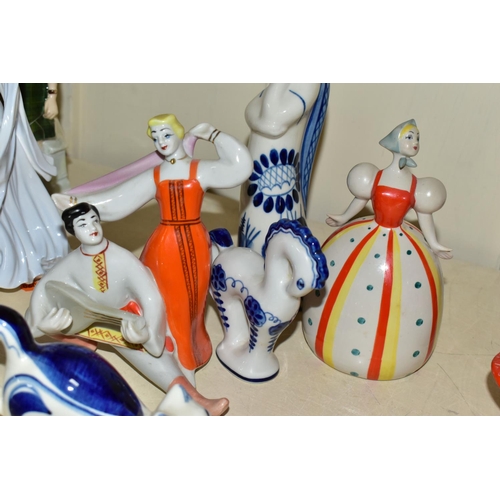 452 - A GROUP OF ZHK POLONNE, GZHEL PORCELAIN AND OTHER FIGURES, to include two ZHK Polonne figure groups ... 