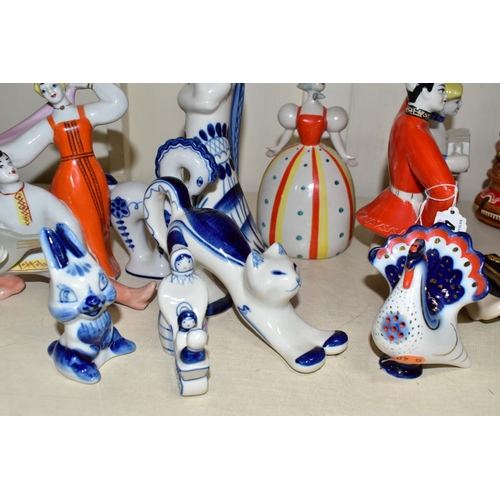 452 - A GROUP OF ZHK POLONNE, GZHEL PORCELAIN AND OTHER FIGURES, to include two ZHK Polonne figure groups ... 