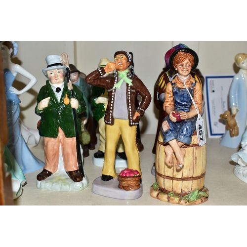 457 - TWELVE EARLY COALPORT FIGURINES, comprising Jester, The Poacher, Tom Sawyer, Costermonger, Laughing ... 