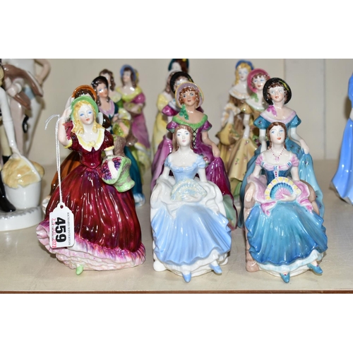 459 - FIFTEEN SMALL COALPORT FIGURINES, comprising two Barbara figurines, one in a pale blue dress (light ... 