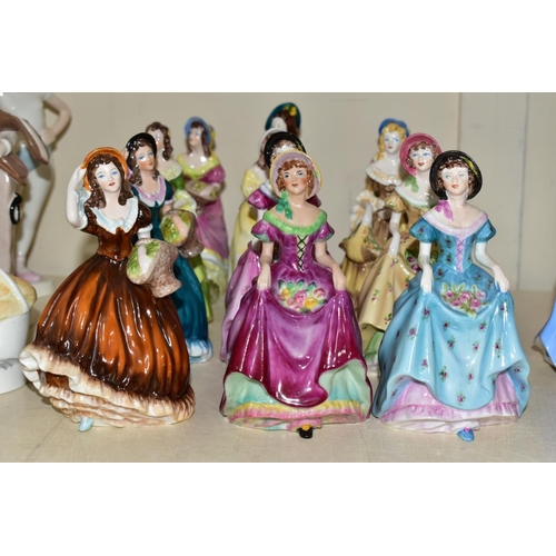 459 - FIFTEEN SMALL COALPORT FIGURINES, comprising two Barbara figurines, one in a pale blue dress (light ... 