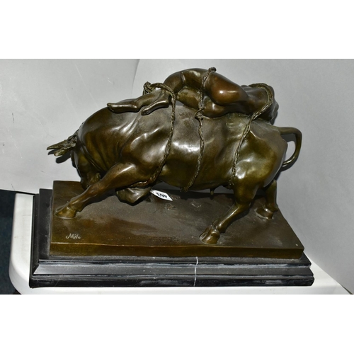 463 - A MODERN BRONZE FIGURINE, 'Rape of Europa' (after Milo) on a rectangle black marble plinth, length 4... 