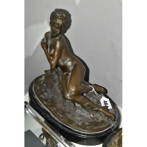 464 - A MODERN BRONZE FIGURINE, 'Young woman bathing'  (after Mme. Leon Bertaux) on an oval black marble p... 