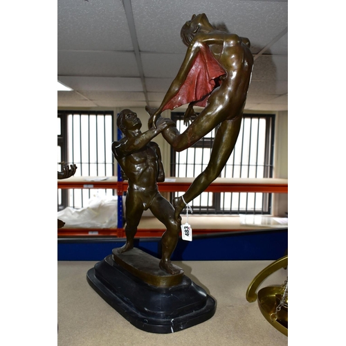 483 - A MODERN BRONZE SCULPTURE, of a man and woman, the male dancer is hoisting the woman in the air, whi... 