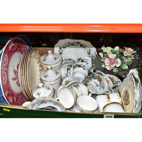 488 - TWO BOXES OF CERAMICS AND GLASSWARE, to include a Royal Stafford 'True Love' tea set , six tea plate... 