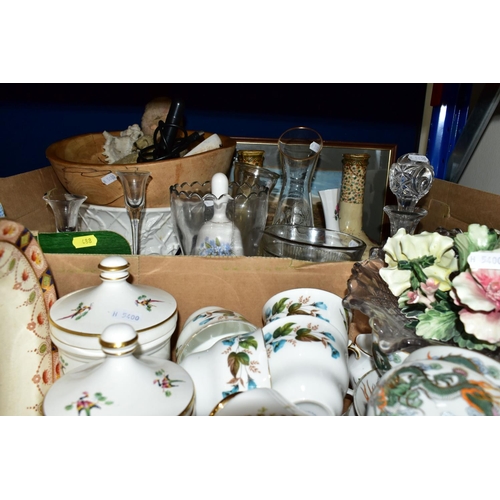 488 - TWO BOXES OF CERAMICS AND GLASSWARE, to include a Royal Stafford 'True Love' tea set , six tea plate... 