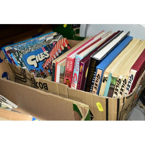 489 - THREE BOXES OF BOOKS, to include approximately eighty Giles cartoon books and collectors editions, T... 