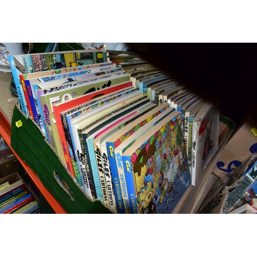 489 - THREE BOXES OF BOOKS, to include approximately eighty Giles cartoon books and collectors editions, T... 