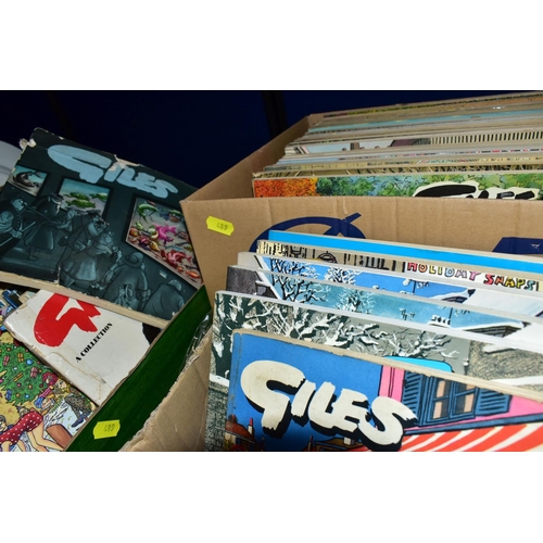 489 - THREE BOXES OF BOOKS, to include approximately eighty Giles cartoon books and collectors editions, T... 