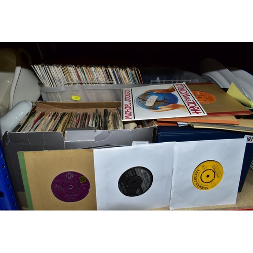 491 - FOUR BOXES OF RECORDS, LPS, SINGLES, AND TAPE CASSETTES, to include approximately two hundred 45s an... 