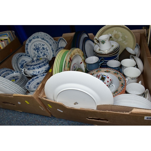 494 - TWO BOXES OF DINNER AND TEA WARES, to include a part dinner set of blue and white fine china 'Blue C... 