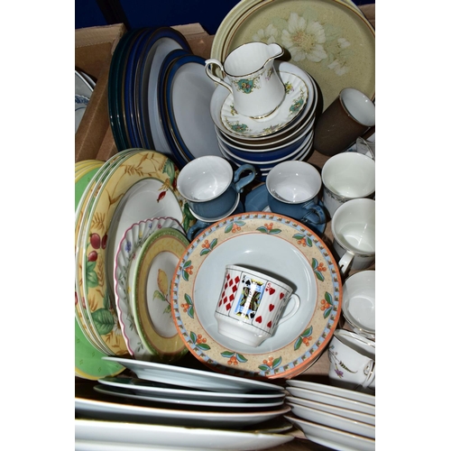 494 - TWO BOXES OF DINNER AND TEA WARES, to include a part dinner set of blue and white fine china 'Blue C... 