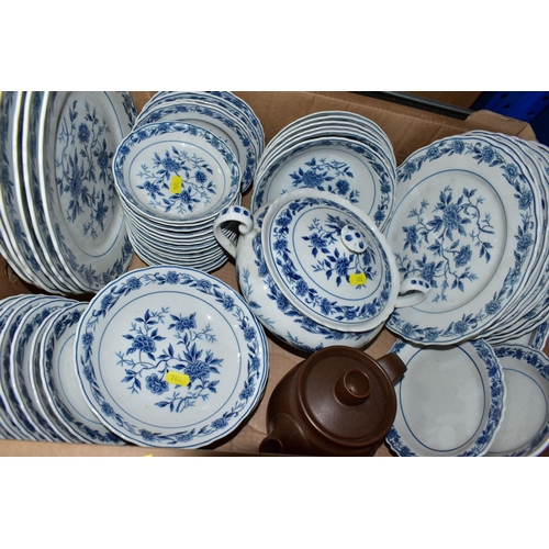 494 - TWO BOXES OF DINNER AND TEA WARES, to include a part dinner set of blue and white fine china 'Blue C... 