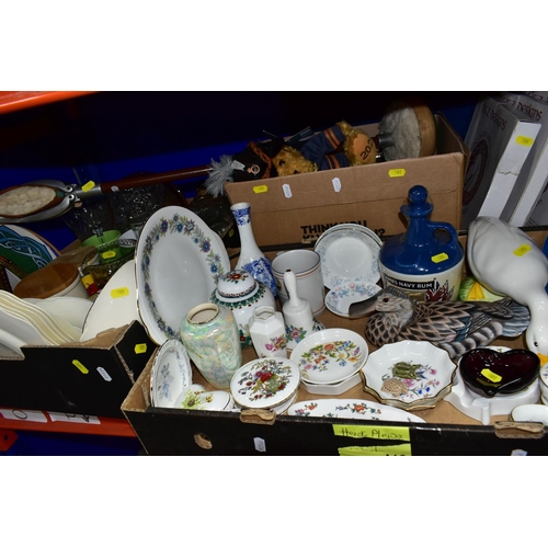 501 - THREE BOXES OF CERAMICS GLASSWARE AND HOUSEHOLD SUNDRIES, to include Spode Elysee Y8380 trinket dish... 