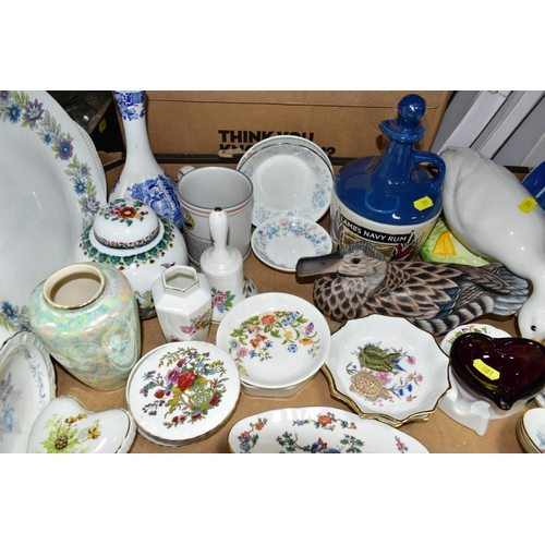 501 - THREE BOXES OF CERAMICS GLASSWARE AND HOUSEHOLD SUNDRIES, to include Spode Elysee Y8380 trinket dish... 