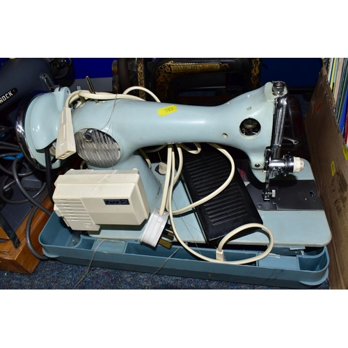 503 - THREE SEWING MACHINES, to include, an electric Pinnock 'Sew Best', an electric Jones sewing machine,... 