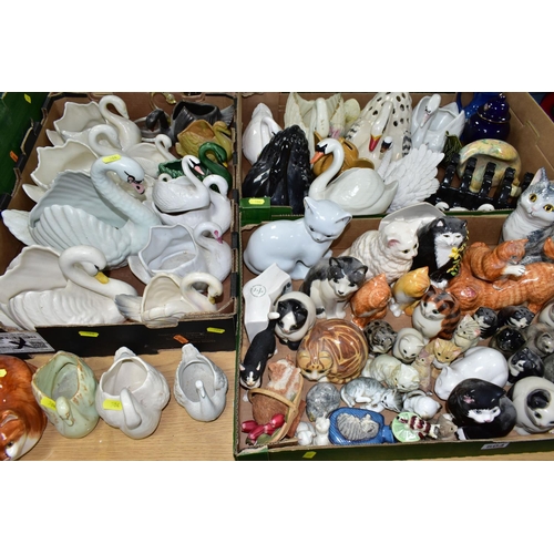 504 - THREE BOXES OF CERAMIC CATS AND SWANS, to include  over twenty four swan pots and planters, Crown De... 