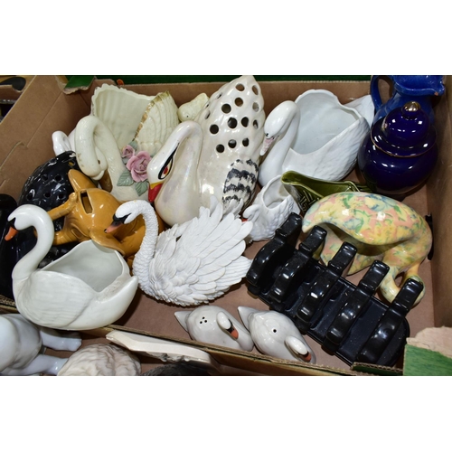 504 - THREE BOXES OF CERAMIC CATS AND SWANS, to include  over twenty four swan pots and planters, Crown De... 