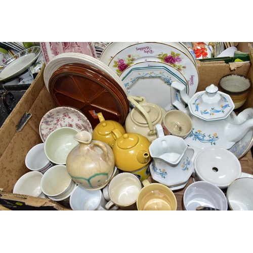 505 - FOUR BOXES OF TEAWARES, to include two Wedgwood 'Weekday Weekend' plates, diameter 26cm, three small... 