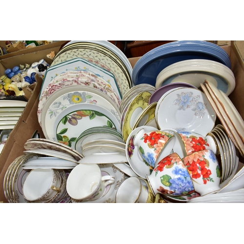 505 - FOUR BOXES OF TEAWARES, to include two Wedgwood 'Weekday Weekend' plates, diameter 26cm, three small... 